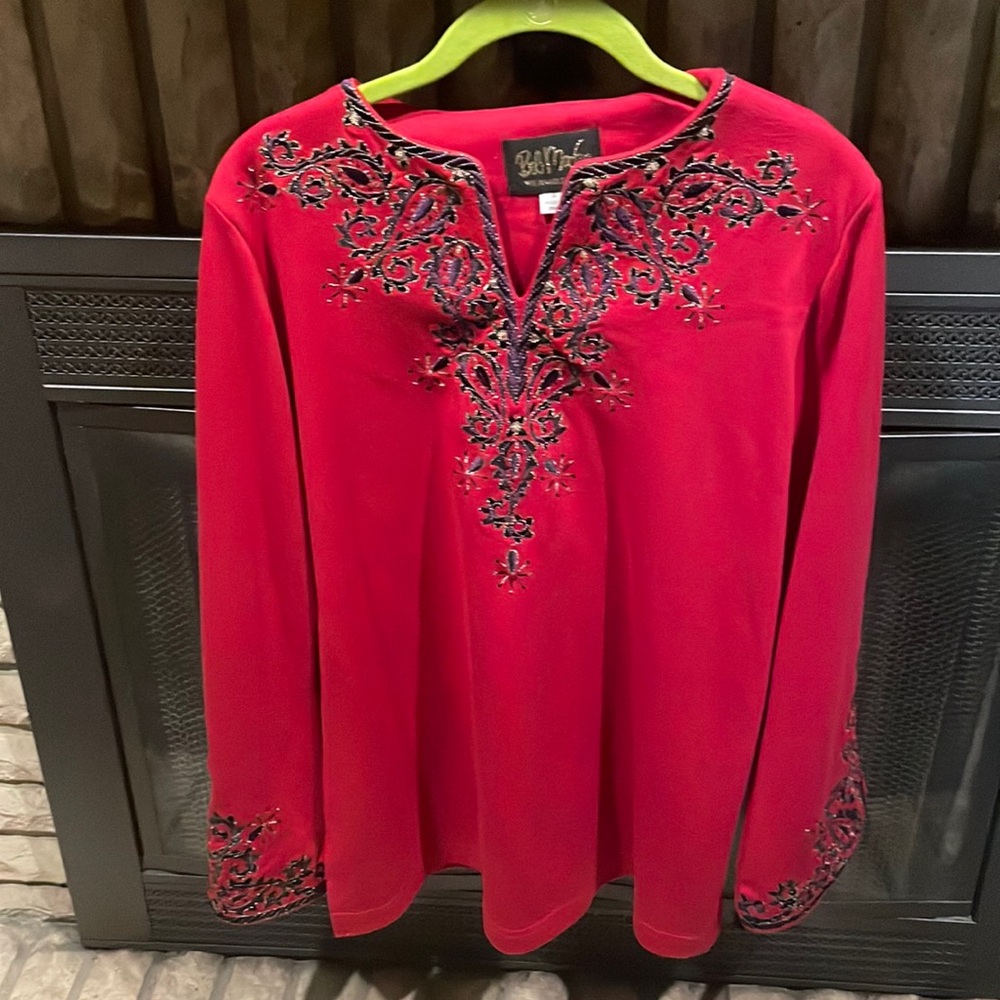 Bob Mackie Vintage Woman’s Small Embroidered Red Wearable Art Long Sleeve Shirt